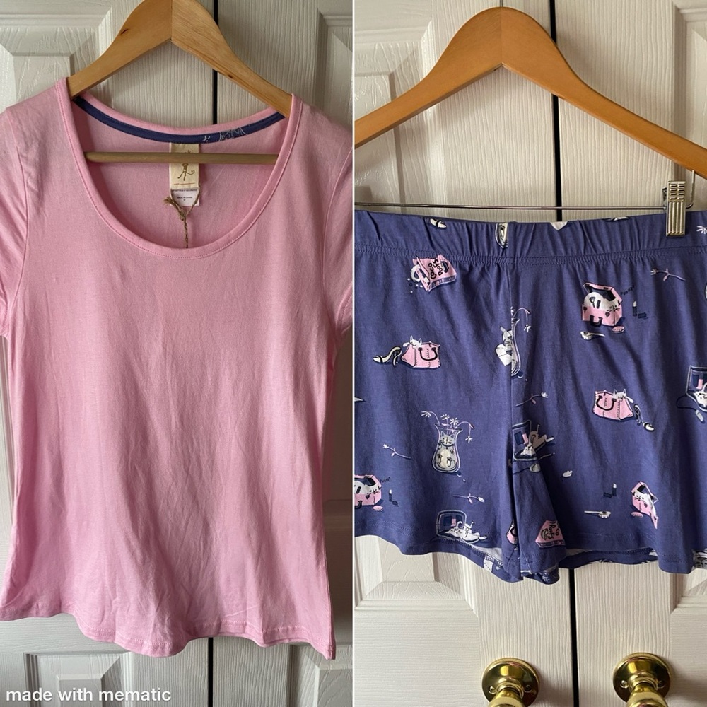 🆕 munki munki Pink Blue Cat Print Cotton Blend Crazy Cat Lady Short Pajama Set M